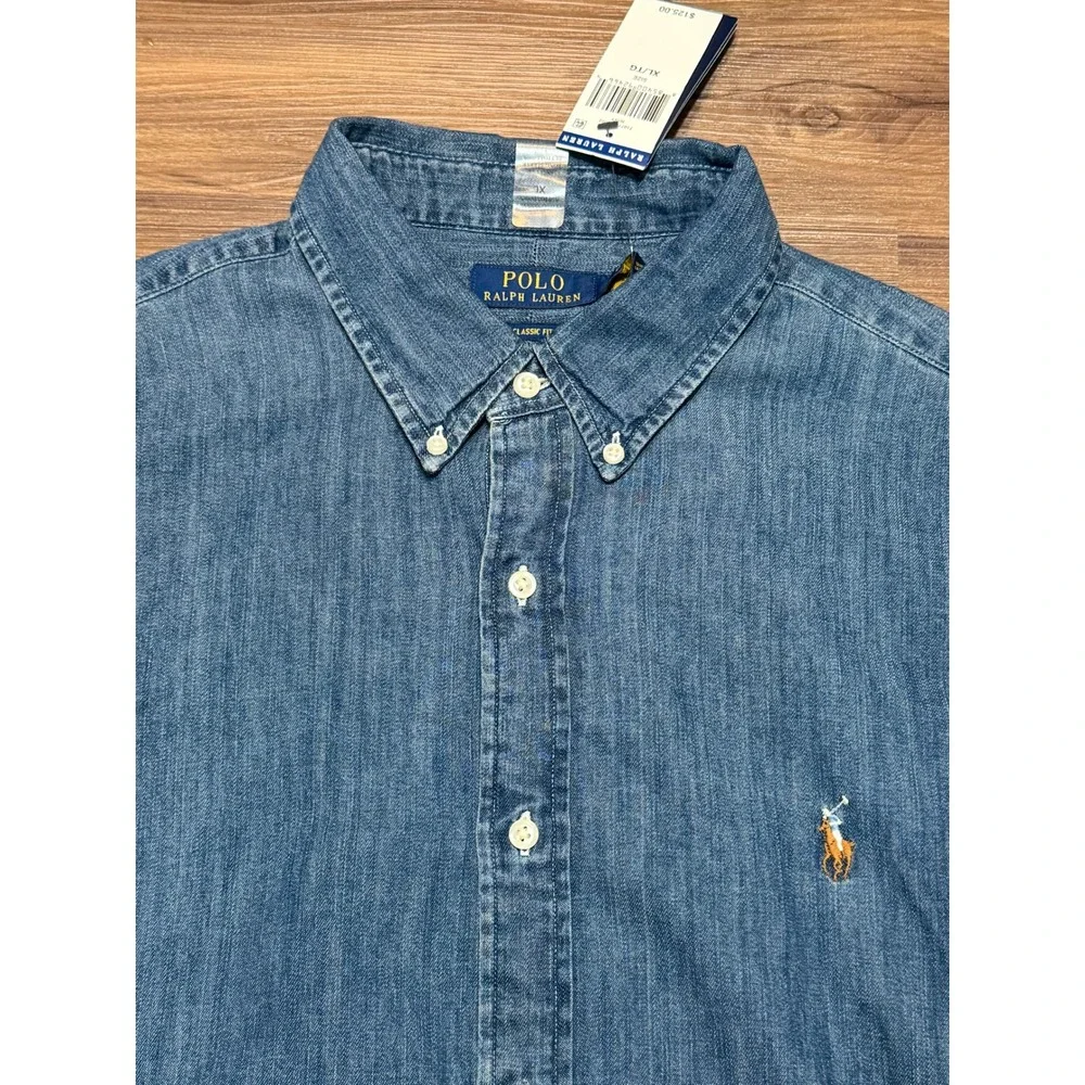 Polo Ralph Lauren Mens Classic Fit Denim Dark Chambray Button Up Shirt Sz XL